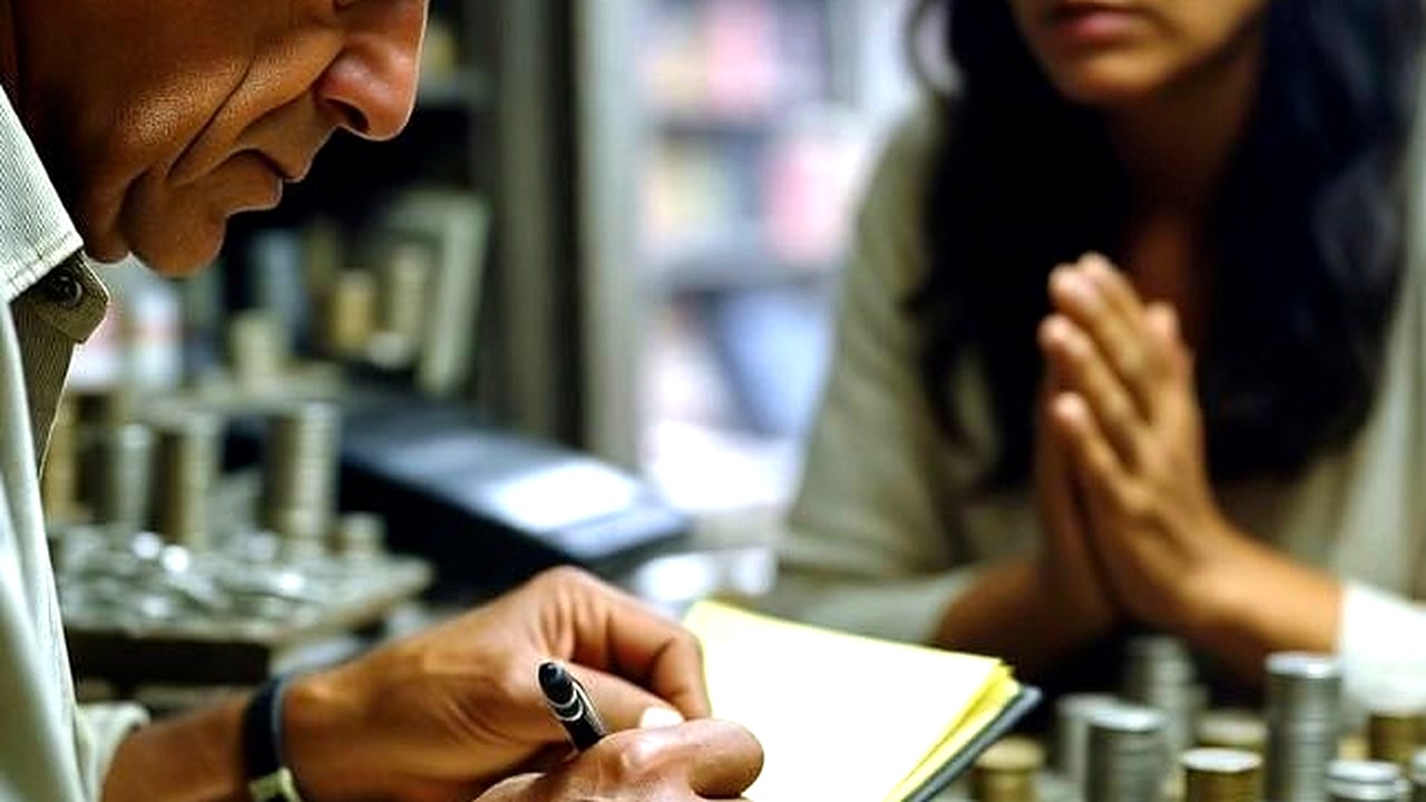 An advisor writing on a pad beside stacks of coins while a woman waits — the estate count in progress