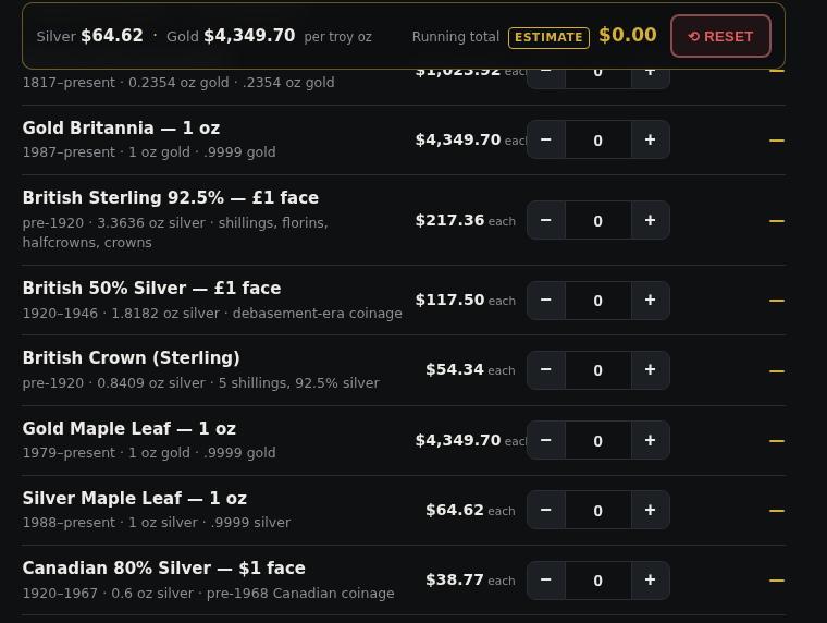 The world coins section: British, Canadian, Mexican, French, and Australian coinage priced against live silver
