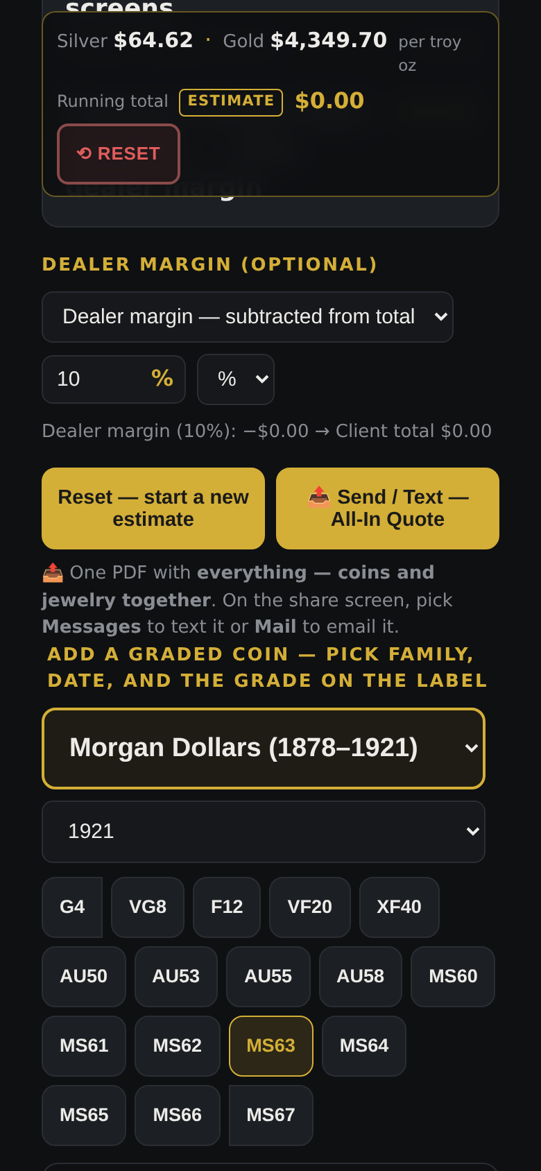 The graded screen: pick family, date, and the grade on the slab label