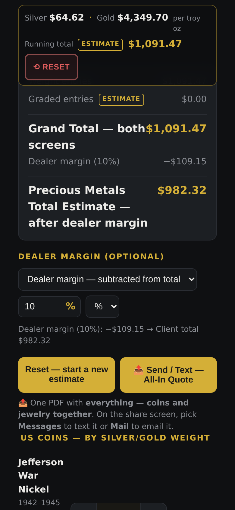 Saved lines with a grade dropdown on each, quantity steppers, and the combined total