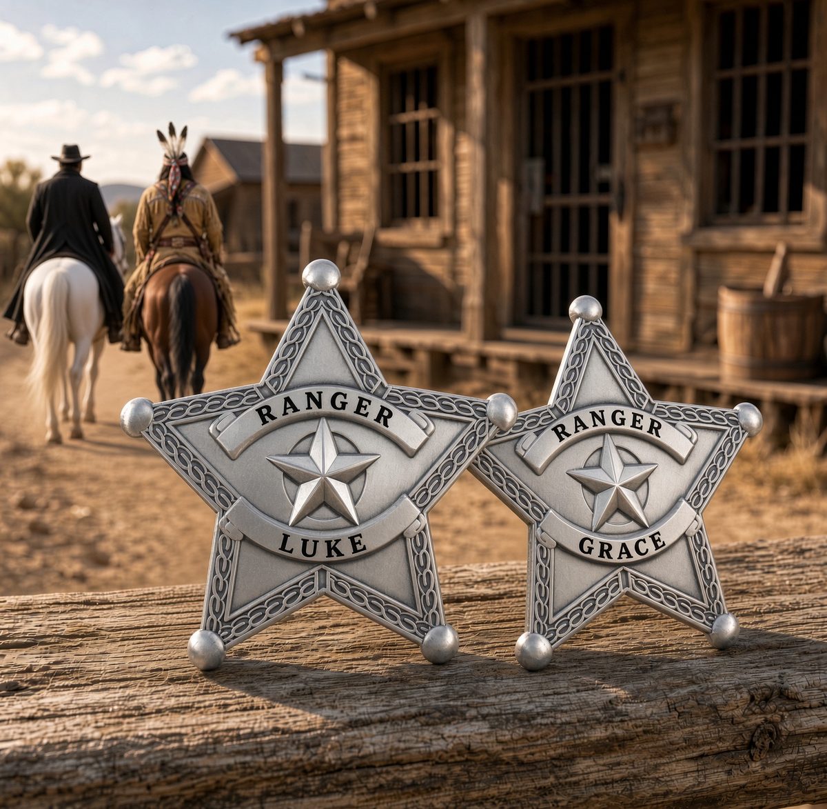 Two silver RANGER star badges on a weathered log — the Christmas Contest prizes — with the Silver Creek Ranger and Eagle Feather riding into the sunset behind