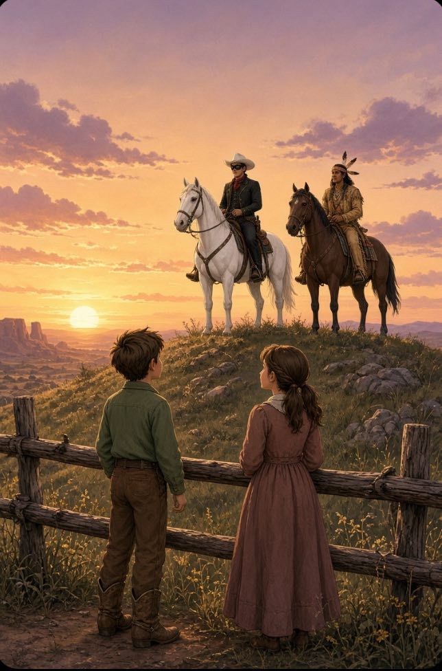 Cover of The Young Ranger First Dollar — two children at a fence watching the Silver Creek Ranger and Eagle Feather ride at sunset