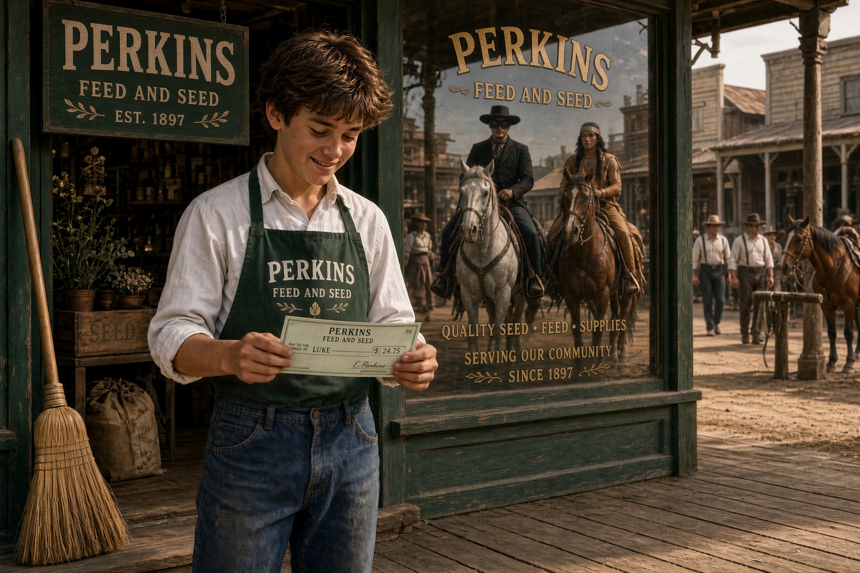 Cover of The Young Ranger First Paycheck — a boy in a feed store apron on a boardwalk holding his first paycheck, two riders reflected in the store window